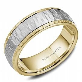 Yellow Gold, White Gold Mens Band. Comfort Fit With Bark Texture