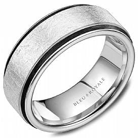 White Gold Mens Band. Black Enamel Edge Diamond Brushed Finish