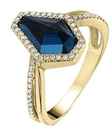 Yellow Gold Coffin Shaped London Blue Topaz, Diamond Ring.