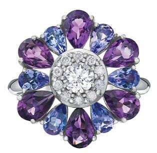 White Gold Canadian Diamond, Amethyst, Tanzanite Ring.