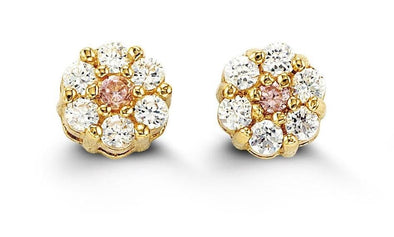 Yellow Gold Baby / Childrens Cubic Zirconia Pink Flower Stud, Screwback Earring