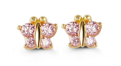 Yellow Gold Baby / Childrens Pink Butterflies Cubic Zirconia Screwback Earring