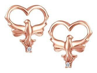 Rose Gold Baby / Childrens Diamond "Dove" Heart Stud Earrings.