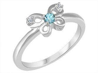 White Gold Baby / Childrens Diamond, Aquamarine "Butterfly" Ring.