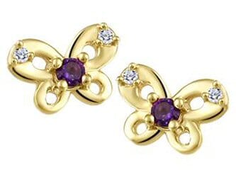 Yellow Gold Baby / Childrens Amethyst, Diamond Butterfly Stud Earrings.