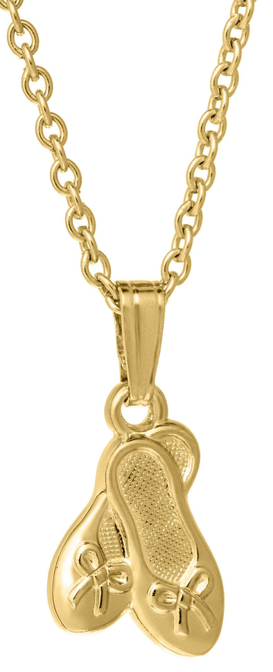 14K Yellow Gold Filled Baby / Childrens Ballet Slippers Pendant Necklace.. Gold-filled jewellery is created by bonding a thick layer of solid gold to a durable base metal - ensuring lasting beauty and wearability.