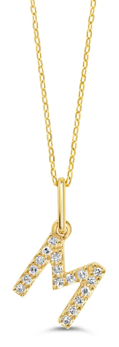 Yellow Gold Diamond "M" Initial Pendant Necklace.