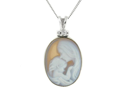 White Gold Blue Agate Cameo, Diamond Pendant Necklace.