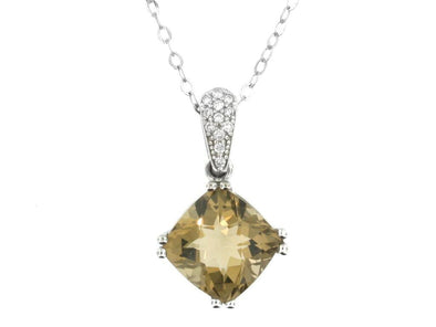 White Gold Champagne Quartz, Diamond Pendant Necklace.