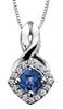 White Gold Blue Sapphire, Diamond Drop Pendant Necklace.