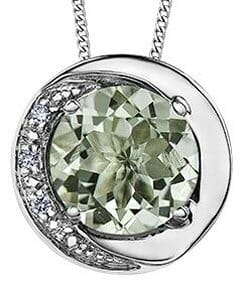 White Gold Green Amethyst, Diamond Pendant Necklace.