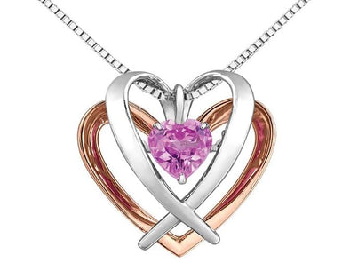 Sterling Silver Rose Gold Accent Created Pink Sapphire Heart Pulse Pendant Necklace.