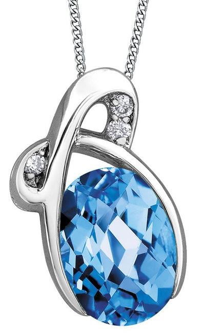 White Gold Blue Topaz, Diamond Pendant Necklace.