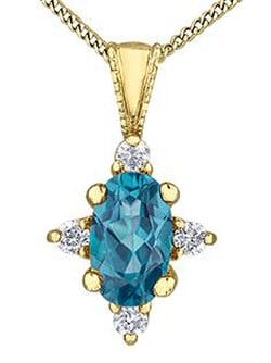 Yellow Gold Blue Topaz, Diamond Pendant Necklace.