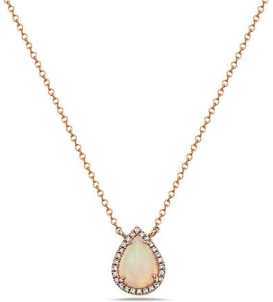 Rose Gold Pear Shaped Opal, Diamond Pendant Necklace.