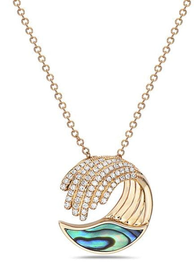 Yellow Gold Abalone, Diamond "Wave" Pendant Necklace.