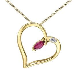 Yellow Gold Diamond, Ruby Heart Pendant Necklace.