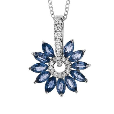 White Gold Blue Sapphire, Diamond Pendant Necklace.