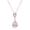 Rose Gold Fresh Water Pearl, Morganite, Diamond Drop Pendant Necklace.