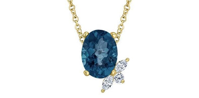 Yellow Gold London Blue Topaz, Diamond Solitaire Pendant Necklace.