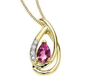 Yellow Gold Pink Tourmaline, Diamond Drop Pendant Necklace.