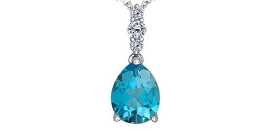 White Gold Blue Topaz, Canadian Diamond Drop Pendant Necklace.