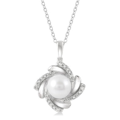 Sterling Silver Pearl, Diamond Pendant Necklace.