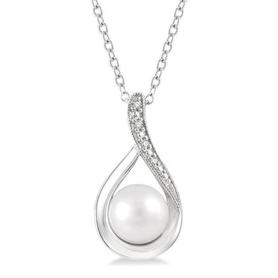 Sterling Silver Pearl, Diamond Pendant Necklace.