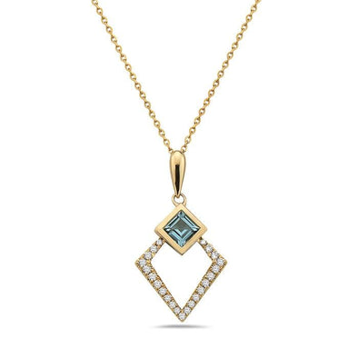 Yellow Gold Blue Topaz, Diamond Drop Pendant Necklace.