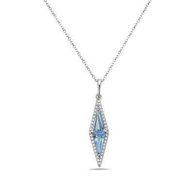 White Gold Blue Topaz, Diamond Drop Pendant Necklace.