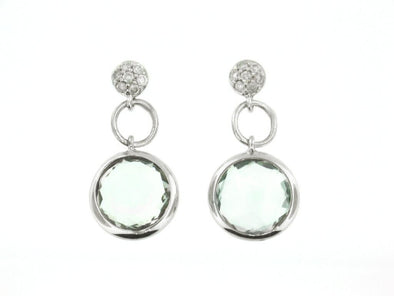 White Gold Green Amethyst, Diamond Drop Earrings