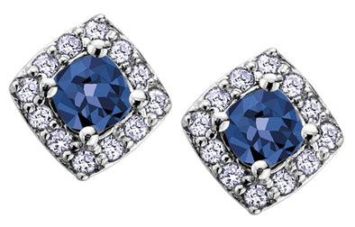 White Gold Blue Sapphire, Diamond Stud Earrings