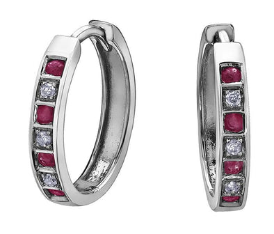 White Gold Ruby, Diamond Hoop Earrings