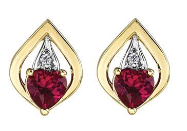 Yellow Gold Created Ruby, Diamond Earrings.