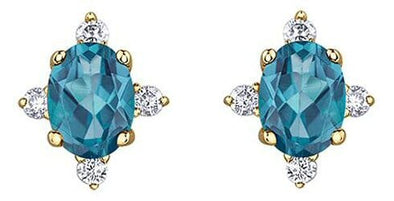 Yellow Gold Blue Topaz, Diamond Stud Earrings