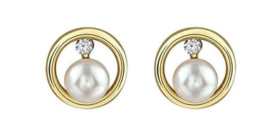 Yellow Gold Canadian Diamond, Pearl Stud Earrings.