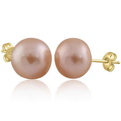 Yellow Gold Cultured Freshwater Purple Pearl Stud Earrings.8.0 - 8.5mm Pearls.