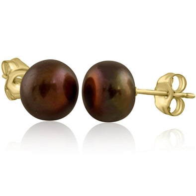 Yellow Gold Cultured Freshwater Copper Pearl Stud Earrings.8.0 - 8.5mm Pearls.