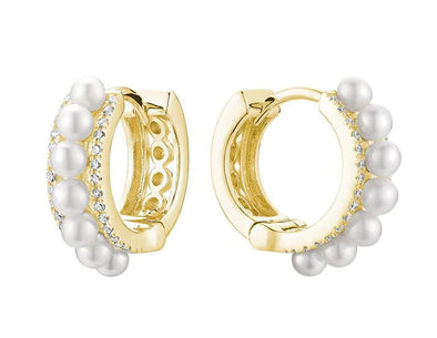 Yellow Gold Pearl, Diamond Huggie Earrings