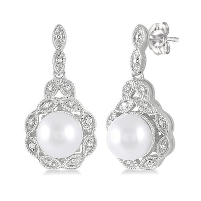 Sterling Silver Pearl, Diamond Earrings