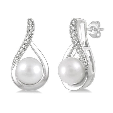 Sterling Silver Pearl, Diamond Earrings