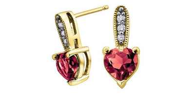 Yellow Gold Garnet, Diamond Heart Drop Earrings