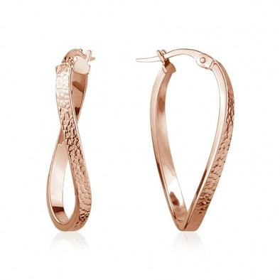 Yellow Gold Textured Twisted Oval Hoop Earrings.