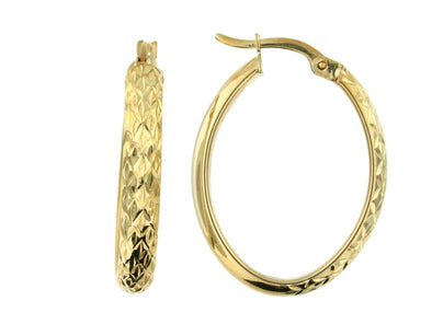 Yellow Gold Diamond-Cut Oval Hoop Earrings.