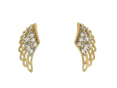 Yellow Gold Cubic Zirconia Stud Earrings -Angel Wings