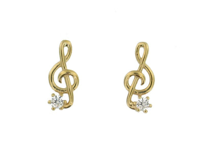 Yellow Gold Cubic Zirconia Stud Earrings."Treble Cleff"