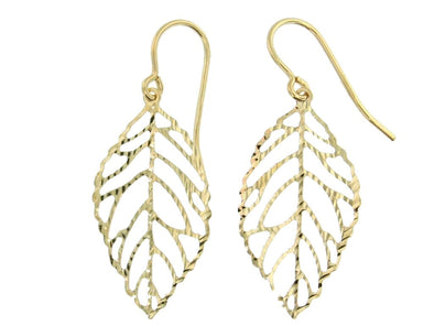 Yellow Gold Leaf Hook Earrings.