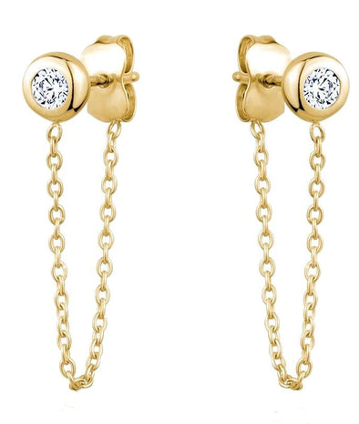 Yellow Gold Cubic Zirconia Safety Chain Stud Earrings.