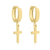 Yellow Gold Cross Drop Huggie Earrings.