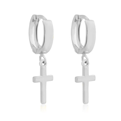 White Gold Cross Drop Huggie Earrings.